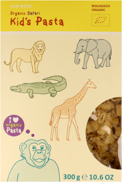 ALB-GOLD Organic Safari Kid's Pasta, front opakowania z rysunkami safari zwierząt, oknem na organiczny makaron.