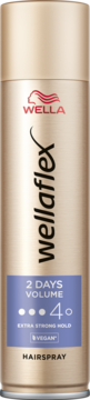 Złoty lakier do włosów Wellaflex 2 Days Volume w aerozolu, widok z przodu, fioletowa etykieta, mocne utrwalenie.