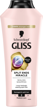 Różowy szampon Schwarzkopf Gliss Split Ends Miracle, bez silikonów, na rozdwojone końcówki, widok z przodu.
