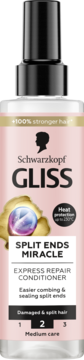 Różowa butelka Schwarzkopf Gliss Split Ends Miracle, ekspresowa odżywka na rozdwojone końcówki, widok z przodu.