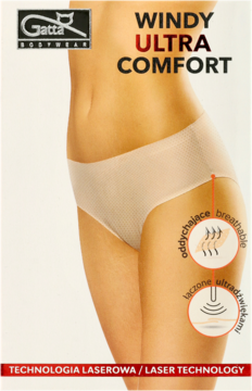 Beżowe, bezszwowe figi Gatta Windy Ultra Comfort, laserowo cięte, prezentowane na modelce.