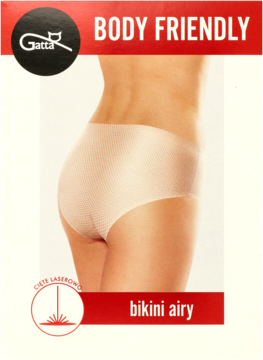 Opakowanie majtek Gatta Bikini Airy. Modelka prezentuje beżowe, laserowo cięte majtki z delikatną fakturą.