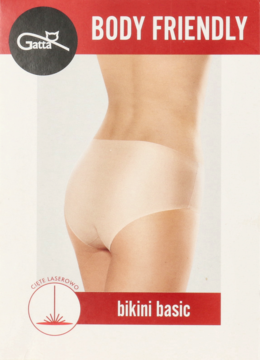 Opakowanie majtek Gatta bikini basic. Widok od tyłu na beżowe, laserowo cięte majtki noszone przez modelkę.