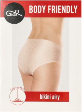 Opakowanie majtek damskich Gatta Bikini Airy, beżowe, laserowo cięte, na modelce, z napisem BODY FRIENDLY.