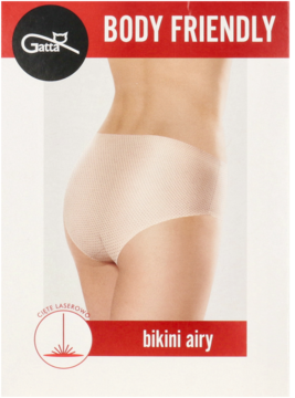 Beżowe majtki Gatta Bikini Airy, laserowo cięte, na modelce od tyłu, na białym opakowaniu.