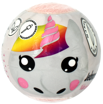 Bomba do kąpieli jednorożec z szarą głową, tęczową grzywą i różowym rogiem. Widok z przodu. Malinowy zapach.