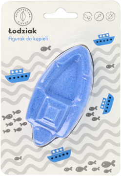 Niebieski figurka do kąpieli Łodziak w kształcie łodzi, widok z przodu w przezroczystym opakowaniu blistrowym.