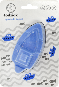 Łodziak figurka do kąpieli, niebieska łódka w blistrze na szarym kartonie z rysunkami ryb i statków.