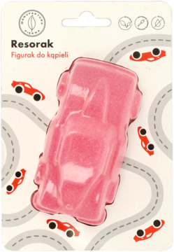Błyszczący różowy Resorak, figurka do kąpieli w kształcie samochodu, w opakowaniu z drogami i małymi autami.