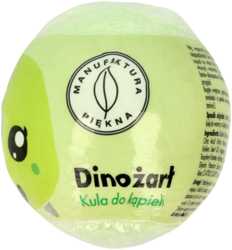 Zielona kula do kąpieli Dinożarł z dinozaurzym okiem i napisem, widok z przodu, owinięta folią.