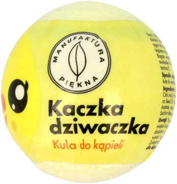 Manufaktura Piękna Kaczka dziwaczka, żółta kula do kąpieli w kształcie kaczki, widok z przodu.