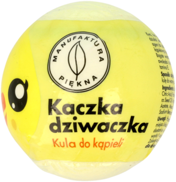 Manufaktura Piękna Kaczka dziwaczka, żółta kula do kąpieli w kształcie kaczki, widok z przodu.