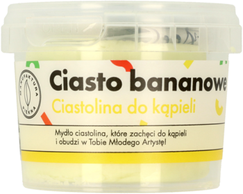 Mydło ciastolina Ciasto bananowe, jasnożółte, w przezroczystym słoiku, widok z przodu.