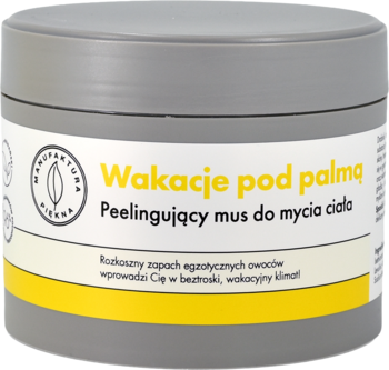 Manufaktura Piękna mus peelingujący 'Wakacje pod palmą' z egzotycznych owoców w szarym słoiczku, widok z przodu.
