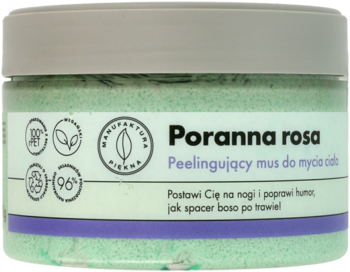 Zielony peelingujący mus Poranna Rosa do mycia ciała w cylindrycznym słoiczku z szarą zakrętką, widok z przodu.