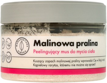 Słoik malinowej praliny peelingującego musu do ciała, z szarą zakrętką i białą etykietą z różowym paskiem.