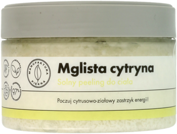 Energetyzujący peeling solny do ciała Mglisa Cytryna w jasnym słoiku z szarą pokrywką, ujęcie z przodu.