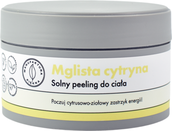 Szary słoik z Monofaktura Mglista cytryna peeling solny do ciała, biała etykieta z żółtym napisem, widok z przodu.