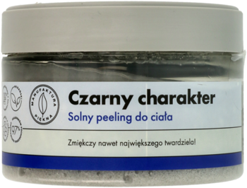 Czarny charakter męski peeling solny w przezroczystym słoiku z szarą zawartością i czarną nakrętką, widok z przodu.
