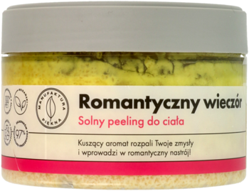 Peeling solny Romantyczny wieczór w przezroczystym słoiku z żółtym peelingiem i szarą zakrętką, widok z przodu.