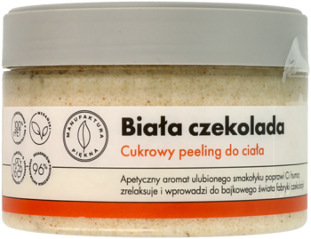 Biała czekolada cukrowy peeling do ciała, w okrągłym, przezroczystym słoiku, widok z przodu.