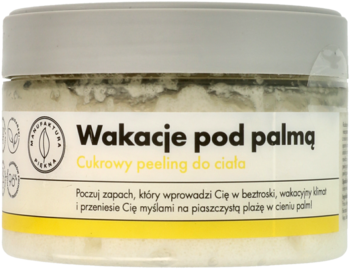 Cukrowy peeling do ciała Wakacje pod palmą w przezroczystym słoiku z szarą pokrywką i żółtą etykietą, front.