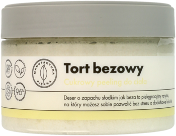 Cukrowy peeling 'Tort bezowy' o zapachu bezy, w beżowym słoju z szarą nakrętką, widok z przodu.