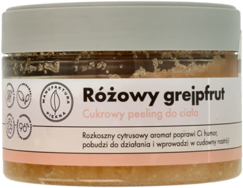 Cukrowy peeling do ciała Różowy grejpfrut w przezroczystym, okrągłym słoju z szarą pokrywką, widok z przodu.