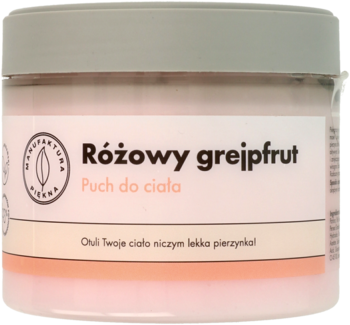 Puch do ciała Różowy grejpfrut Manufaktura Piękna w okrągłym, różowym słoiczku z szarą pokrywką.