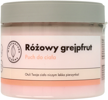 Puch do ciała Różowy grejpfrut Manufaktura Piękna w okrągłym, różowym słoiczku z szarą pokrywką.
