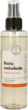 Mgiełka do ciała i włosów o zapachu białej czekolady, w przezroczystej butelce z czarnym atomizerem, widok z przodu.