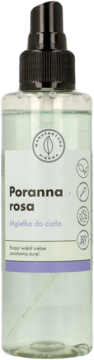Mgiełka do ciała Poranna rosa Manufaktura Piękna w przezroczystej butelce z czarnym atomizerem, widok z przodu.