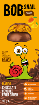 Front opakowania Bob Snail Choco Mango Fruit Crush 30g. Widoczna przekrojona czekolada mango i wesoły ślimak.