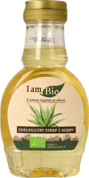 I am Bio ekologiczny syrop z agawy, bursztynowy płyn w profilowanej butelce, etykieta z ilustracją agawy.
