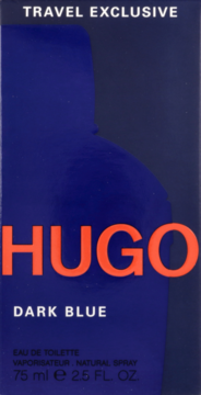 Ciemnoniebieskie opakowanie Hugo Dark Blue Eau de Toilette z czerwonym logiem, widok z przodu, Travel Exclusive.