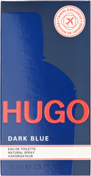 Hugo Dark Blue EDT 75ml, ciemnoniebieskie pudełko z czerwonym napisem, widok frontalny, Travel Exclusive.