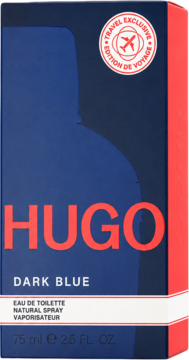Hugo Dark Blue woda toaletowa 75ml, granatowe pudełko z czerwonym napisem, logo Travel Exclusive, widok z przodu.