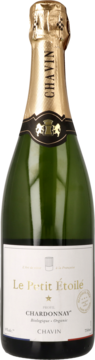 Zielona butelka Le Petit Étoile Chardonnay Chavin, złota folia, biała etykieta organiczna, widok z przodu.