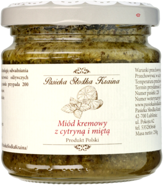 Słoik Miodu kremowego z cytryną i miętą Pasieka Słodka Kraina, zielonkawy, z białym wieczkiem, z przodu.