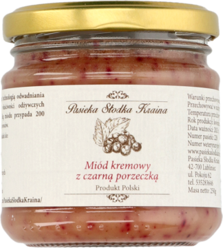 Słoik miodu kremowego z czarną porzeczką Pasieka Słodka Kraina, widok z przodu na białą etykietę.