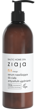 Ziaja Baltic Home Spa Fit Mango serum nawilżające i ujędrniające do ciała w bursztynowej butelce z pompką, przód.