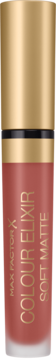 Max Factor Colour Elixir Soft Matte płynna szminka w odcieniu 010 Muted Russet, z matowym wykończeniem i złotą nakrętką.