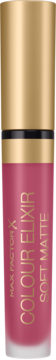 Max Factor Colour Elixir Soft Matte 020 Blushing Ruby, różowa pomadka w płynie, złota nakrętka, widok z przodu.