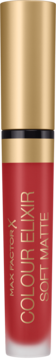 Max Factor Colour Elixir Soft Matte szminka w płynie, odcień Crushed Ruby, butelka z złotą nakrętką, widok z przodu.