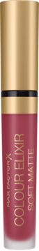 Max Factor Colour Elixir Soft Matte 035 Faded Red, pionowa butelka z różową pomadką w płynie i złotą nakrętką.