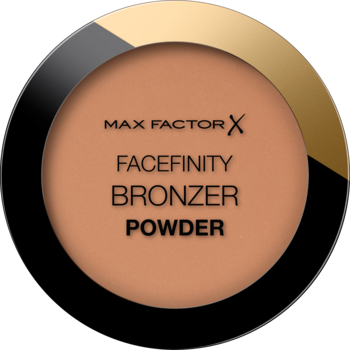 Max Factor Facefinity Bronzer Powder w odcieniu Light Medium, w okrągłym czarno-złotym opakowaniu, widok z góry.