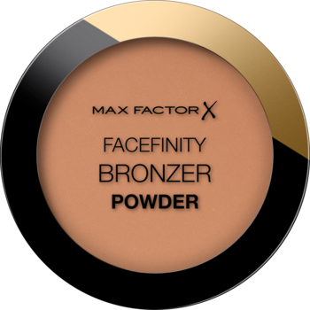 Max Factor Facefinity Bronzer Powder w odcieniu Light Medium, w okrągłym czarno-złotym opakowaniu, widok z góry.