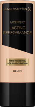 Max Factor Facefinity Lasting Performance podkład 095 Ivory. Jasnobeżowa butelka z czarnymi detalami, widok z przodu.