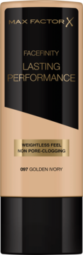 Max Factor Facefinity Lasting Performance podkład 097 Golden Ivory, beżowa butelka, widok z przodu.