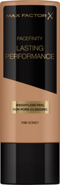 Max Factor Facefinity Lasting Performance 110 Honey, beżowa butelka, czarna etykieta, non-pore-clogging.